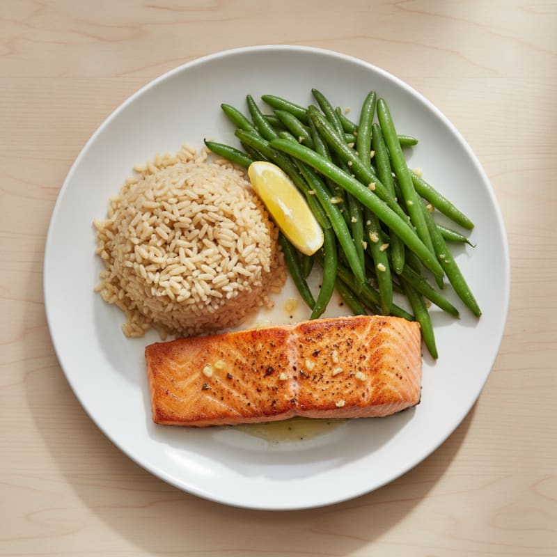 Seared Salmon with Garlic Green Beans and Brown Rice