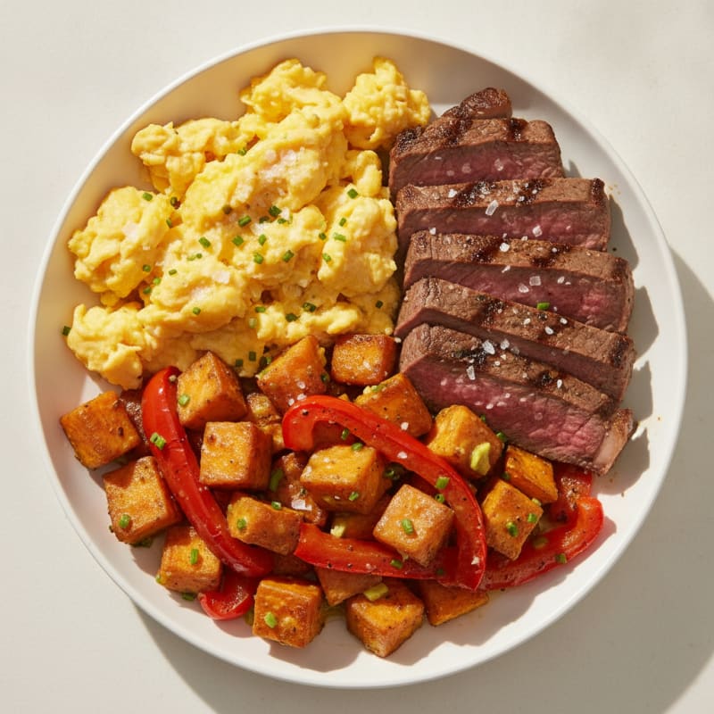 Scrambled Eggs with Steak and Roasted Sweet Potatoes