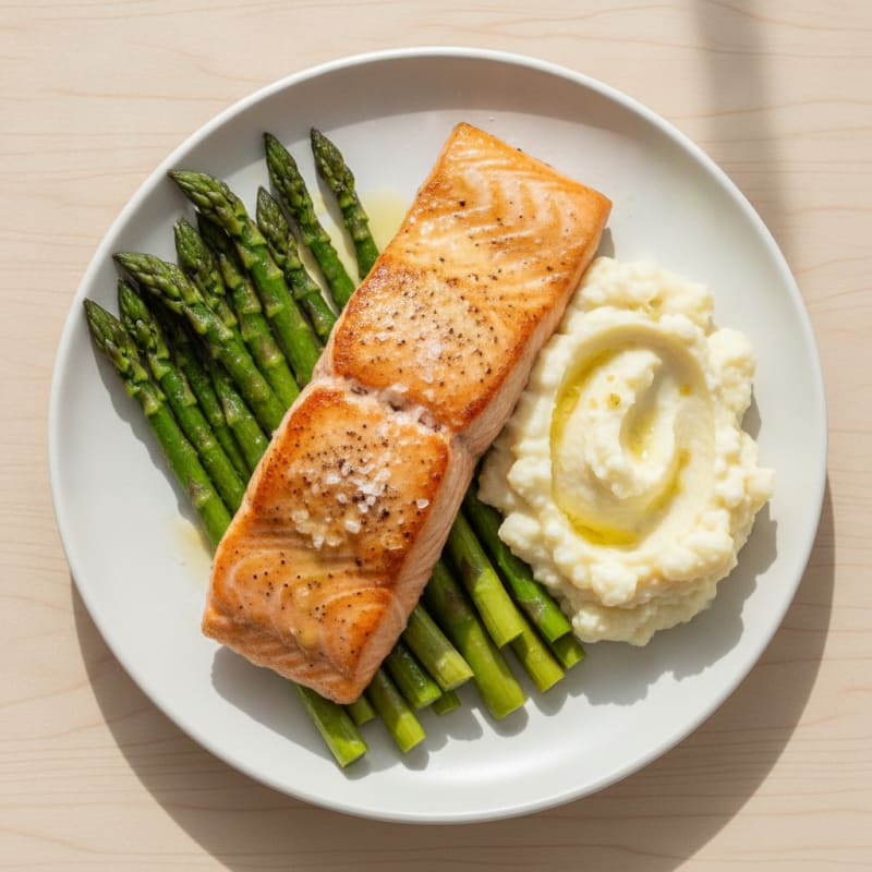 Seared Salmon with Roasted Asparagus and Garlic Mashed Cauliflower