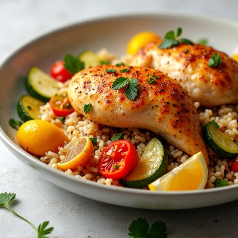 One-Pan Citrus Spiced Chicken and Rice with Fresh Vegetables