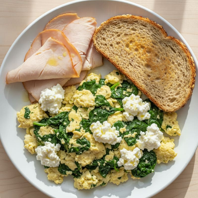 Egg White and Spinach Scramble with Cottage Cheese and Sliced Turkey