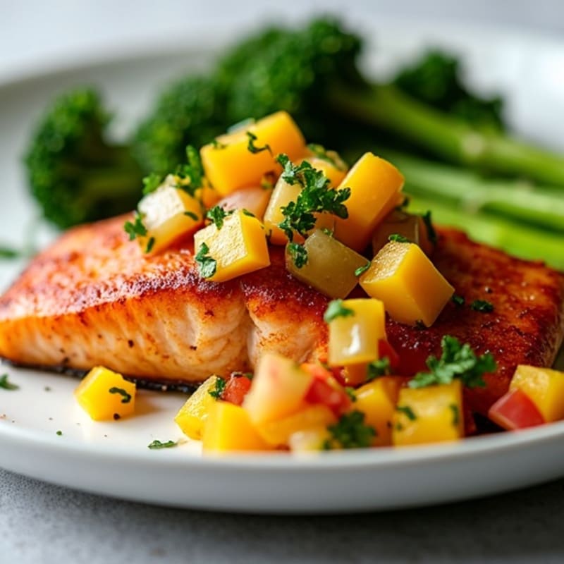 Crispy Pan-Seared Salmon with Spicy Mango Salsa and Garlic Roasted Broccolini
