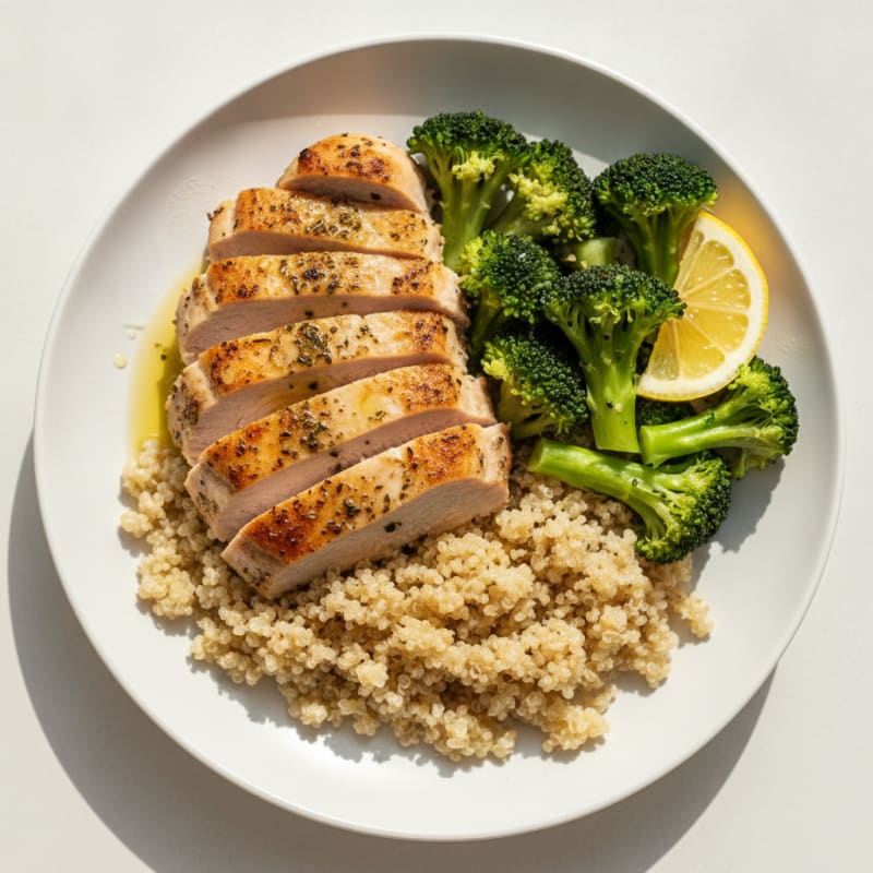 Seared Turkey Breast with Steamed Broccoli and Quinoa