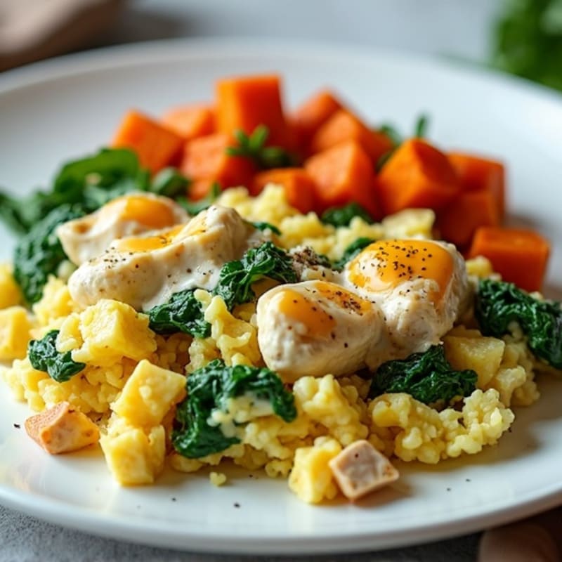 Egg White and Turkey Spinach Scramble with Roasted Sweet Potatoes