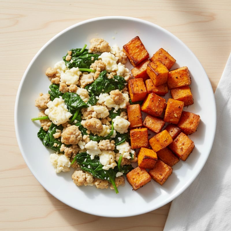 Egg White and Turkey Spinach Scramble with Roasted Sweet Potato