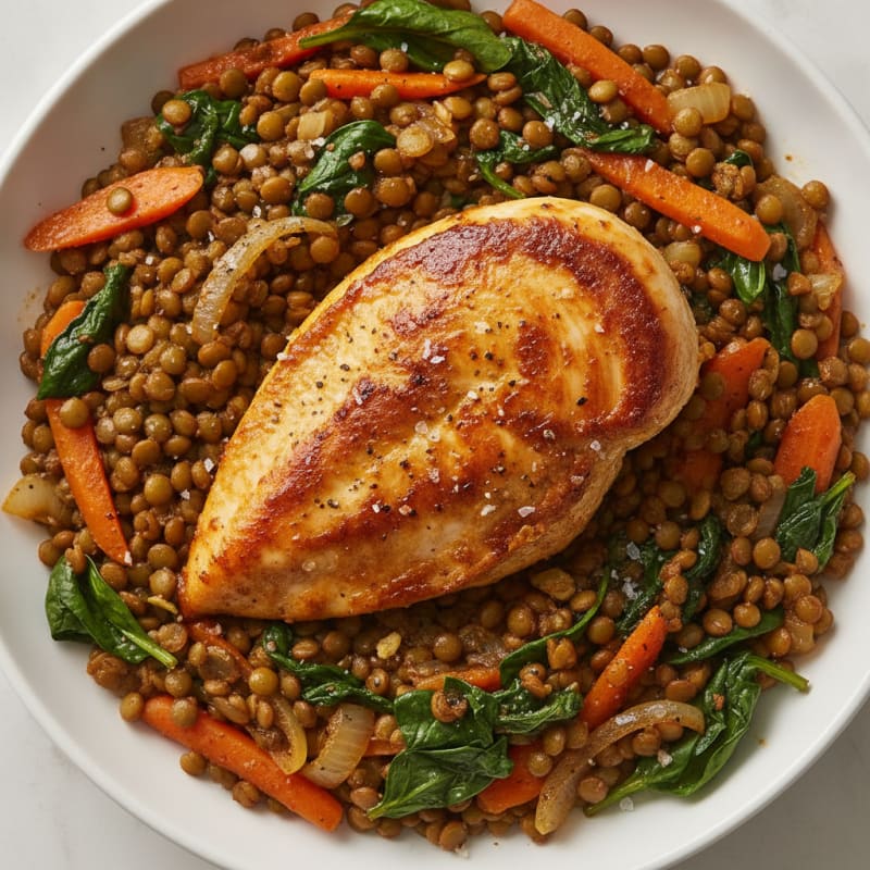 Harissa Chicken with Braised Lentils