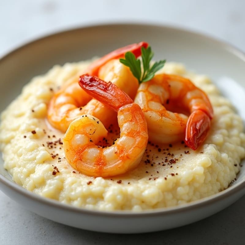 Creamy Cauliflower Grits with Spicy Garlic Shrimp