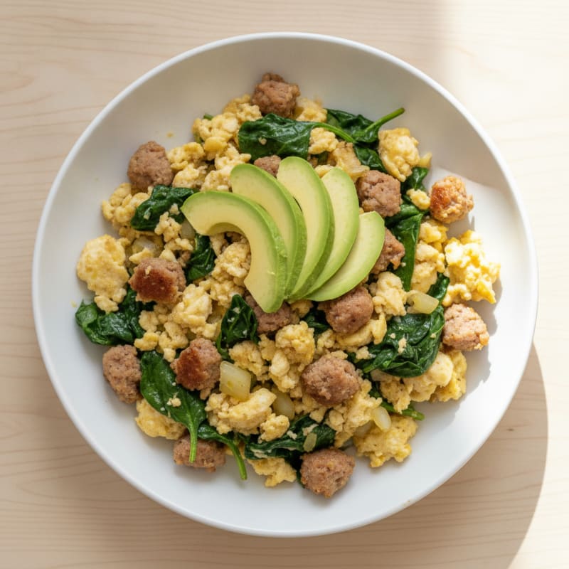 Egg White and Spinach Scramble with Turkey Sausage