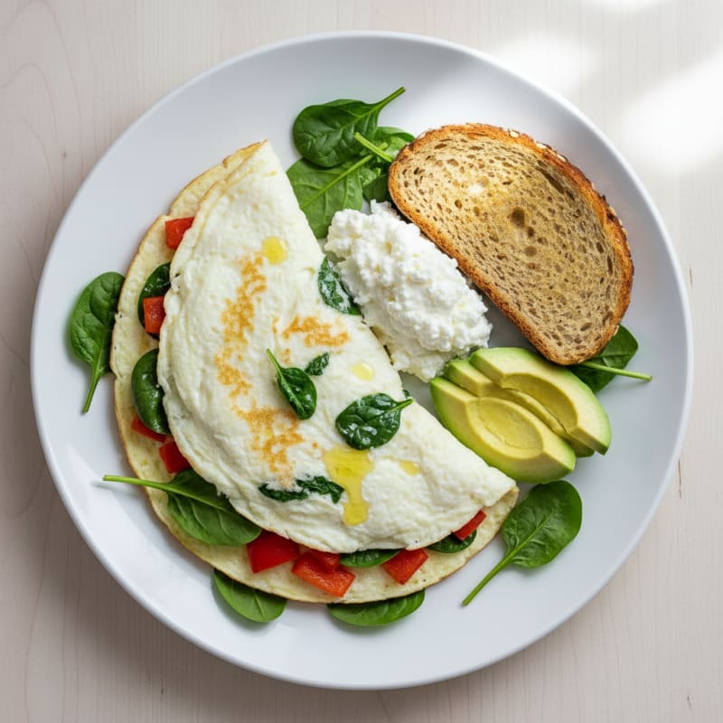 Egg White Veggie Omelet with Cottage Cheese and Fresh Spinach
