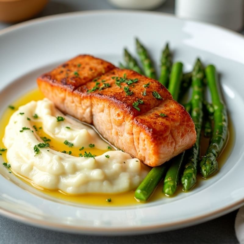 Seared Salmon Fillet with Steamed Asparagus and Cauliflower Mash