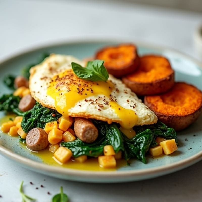 Egg White and Turkey Sausage Scramble with Spinach and Roasted Sweet Potatoes