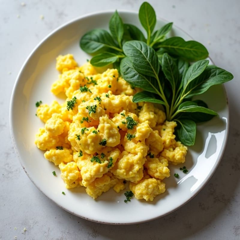 Creamy Scrambled Eggs with Fresh Herbs and Sautéed Greens