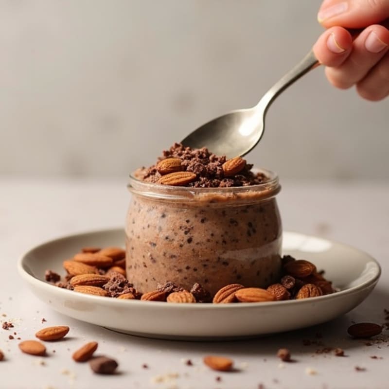 Rich Chocolate Protein Overnight Oats with Toasted Almonds and Cacao Nibs