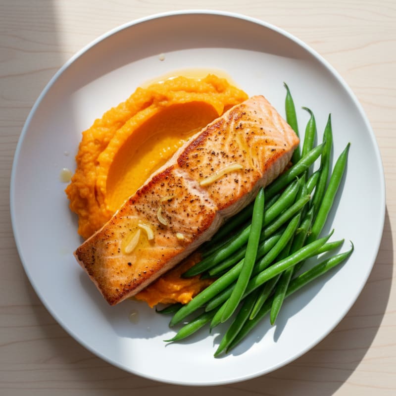 Seared Salmon Fillet with Steamed Green Beans and Sweet Potato Mash