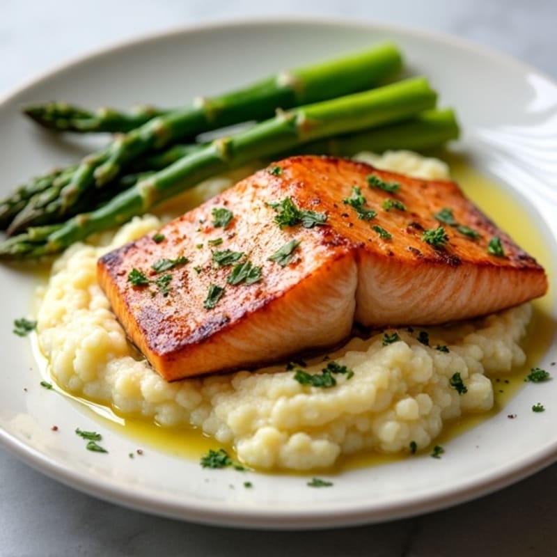 Seared Salmon with Steamed Asparagus and Garlic Mashed Cauliflower