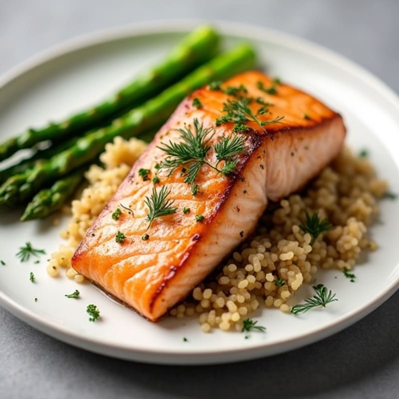Seared Salmon with Herbed Rice and Steamed Asparagus