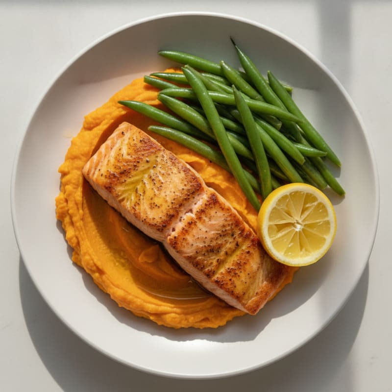 Seared Salmon with Steamed Green Beans and Sweet Potato Mash