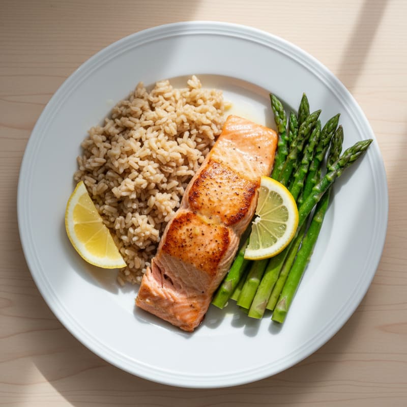 Seared Salmon Fillet with Steamed Asparagus and Brown Rice