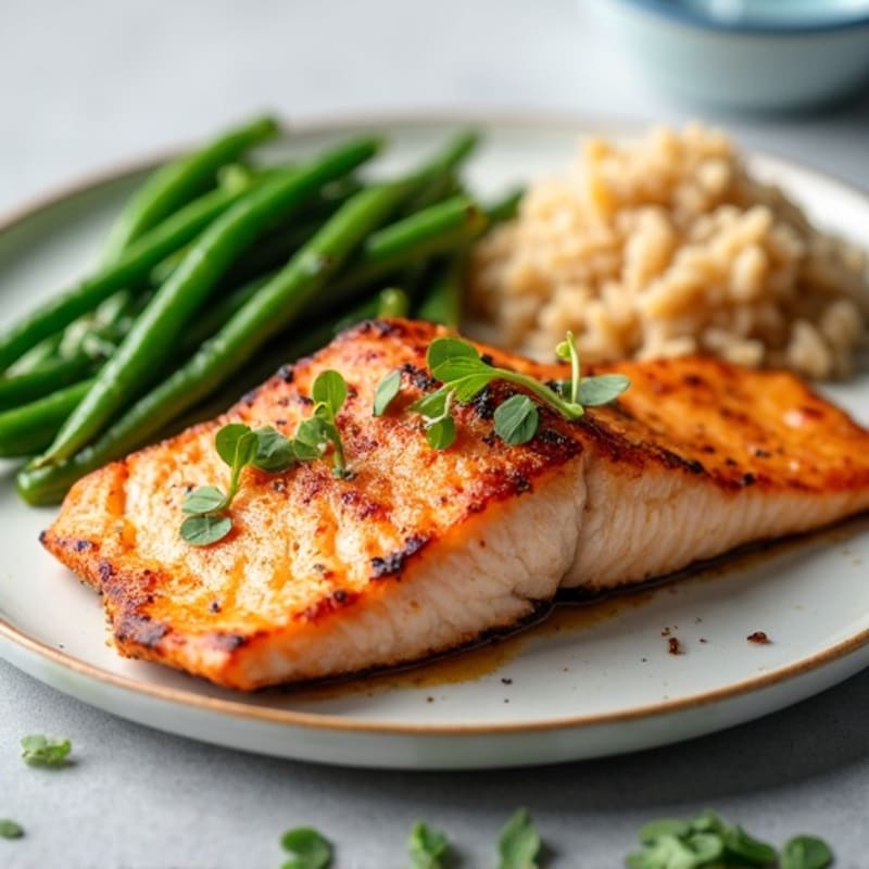 Seared Salmon with Steamed Green Beans and Brown Rice