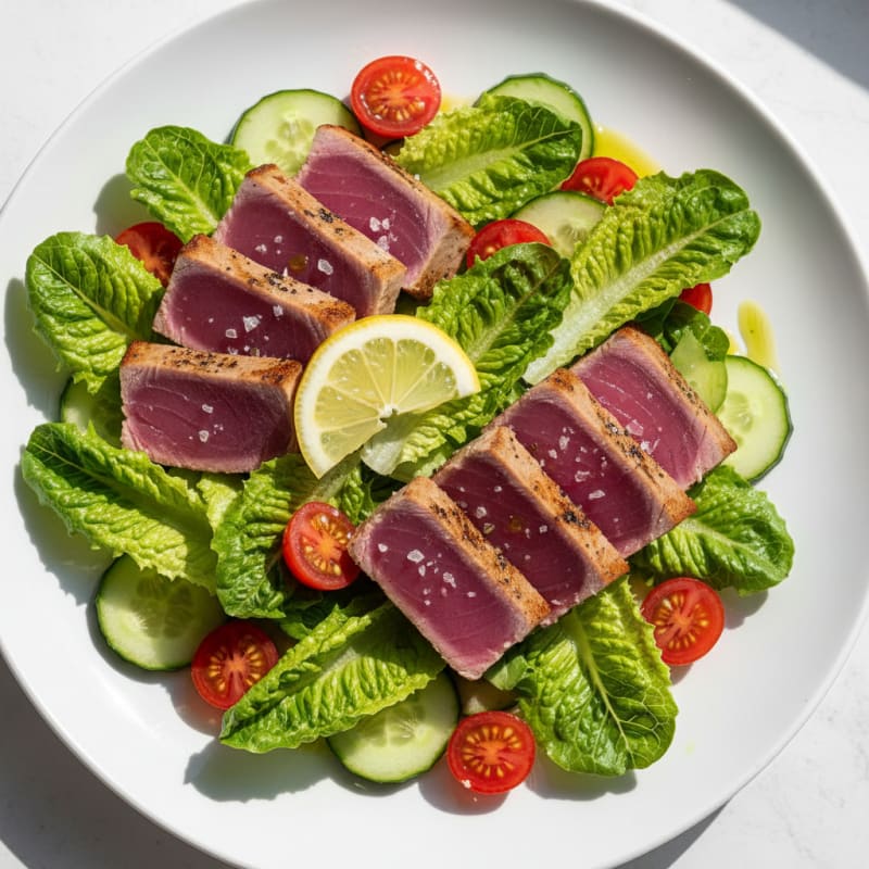 Seared Tuna Salad with Crisp Romaine and Cherry Tomatoes