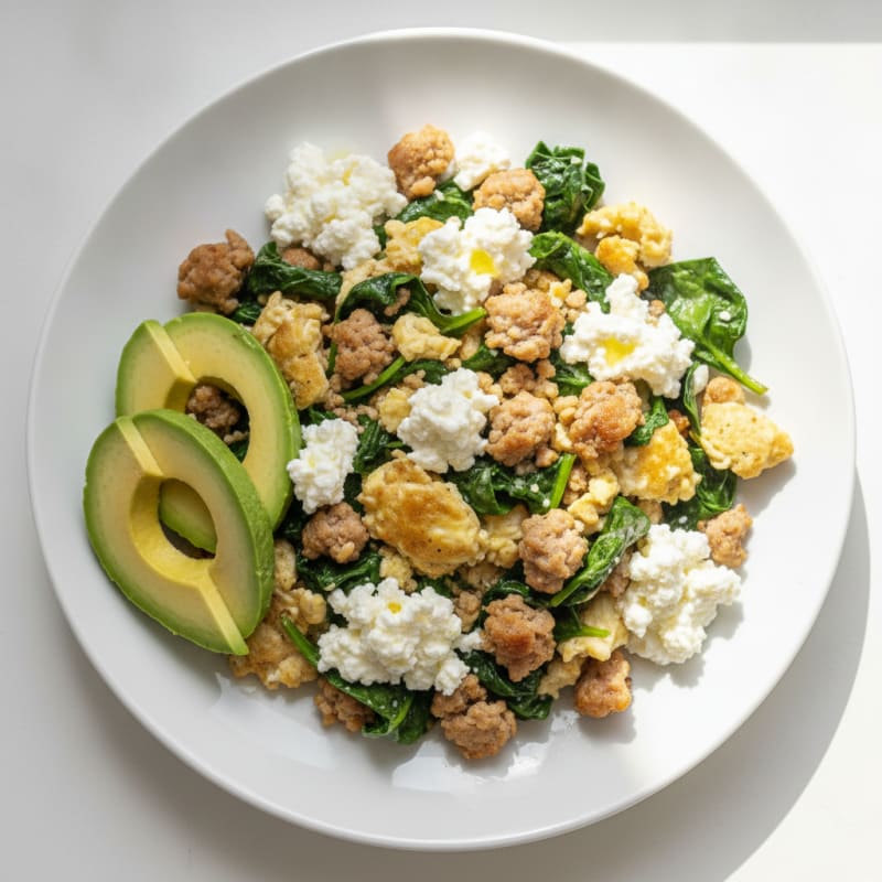 Egg White Spinach Scramble with Turkey Sausage and Cottage Cheese