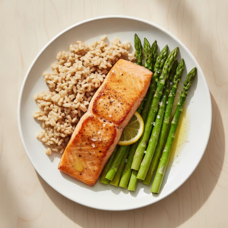 Seared Salmon Fillet with Steamed Asparagus and Brown Rice