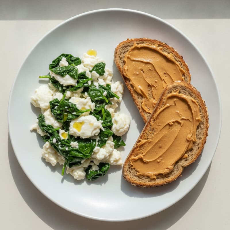 Egg White and Spinach Scramble with Whole Grain Toast and Peanut Butter