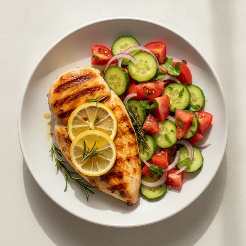 Grilled Chicken Breast with Fresh Tomato Cucumber Salad