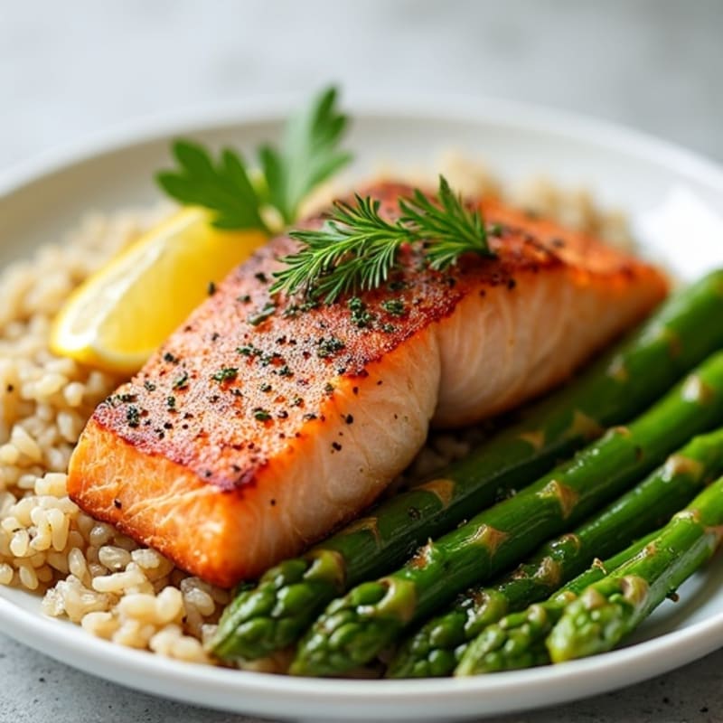 Seared Salmon with Steamed Asparagus and Herbed Brown Rice