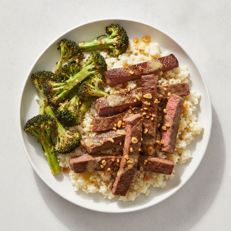 Seared Lean Beef with Roasted Broccoli and Cauliflower Rice