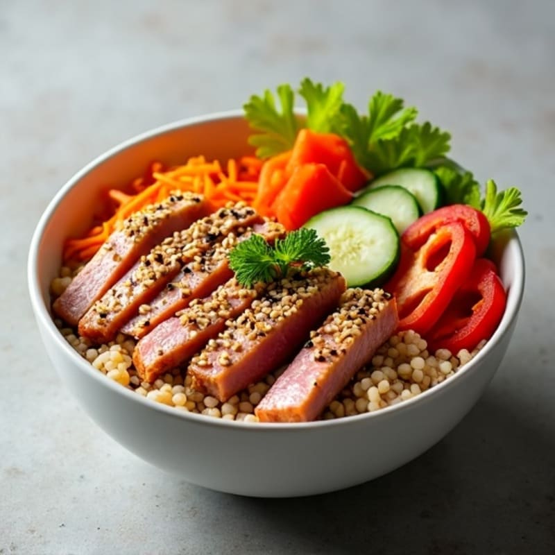 Sesame-Crusted Tuna Rice Bowl with Fresh Vegetables