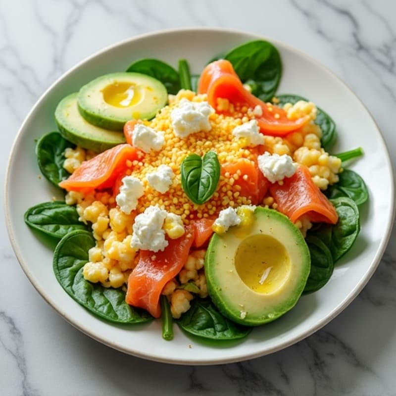 Egg White and Spinach Scramble with Smoked Salmon and Avocado