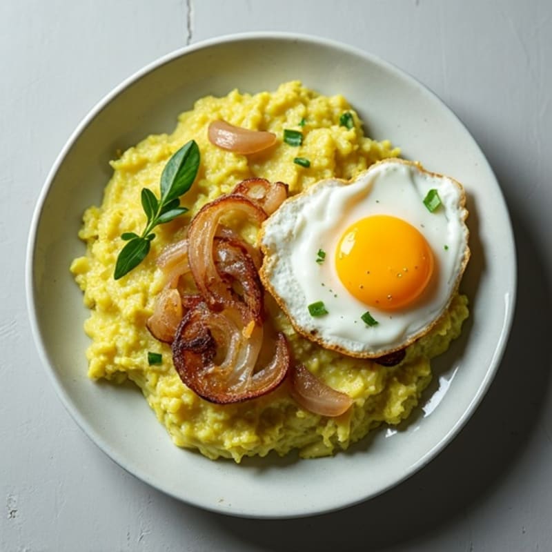 Creamy Green Plantain Mash with Sautéed Onions and Scrambled Eggs