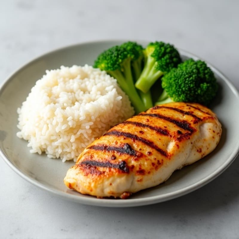 Grilled Chicken Breast with Steamed Rice and Broccoli