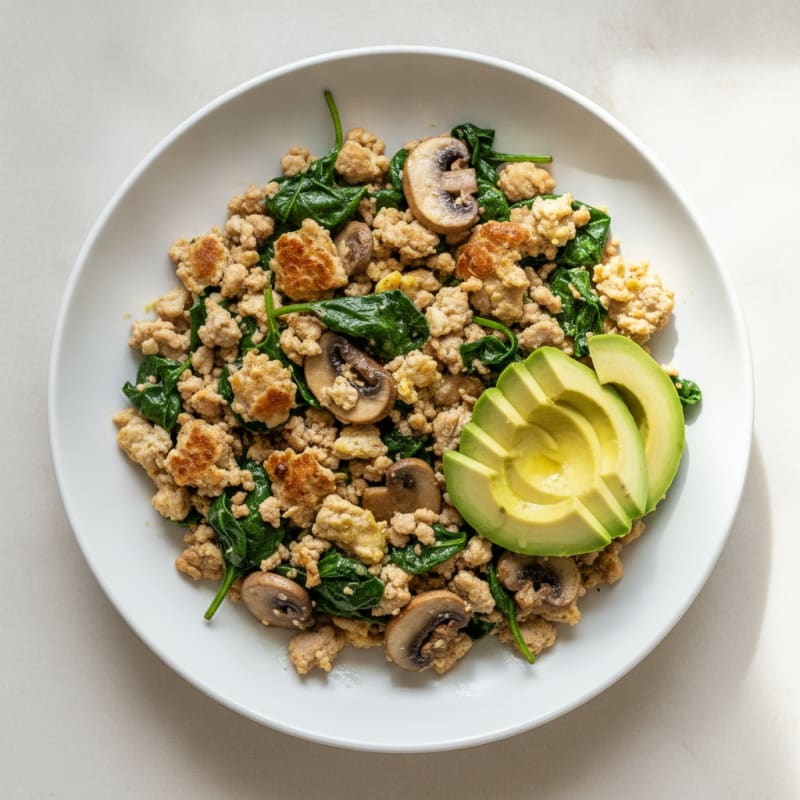 Egg White and Turkey Spinach Scramble with Sautéed Mushrooms