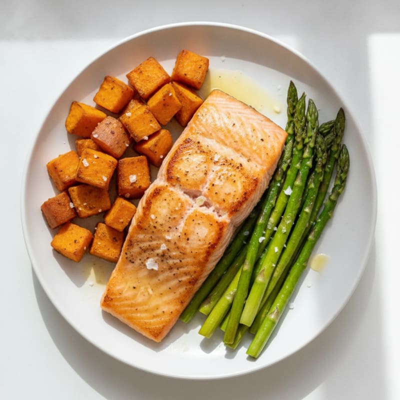 Seared Salmon with Roasted Sweet Potato and Asparagus