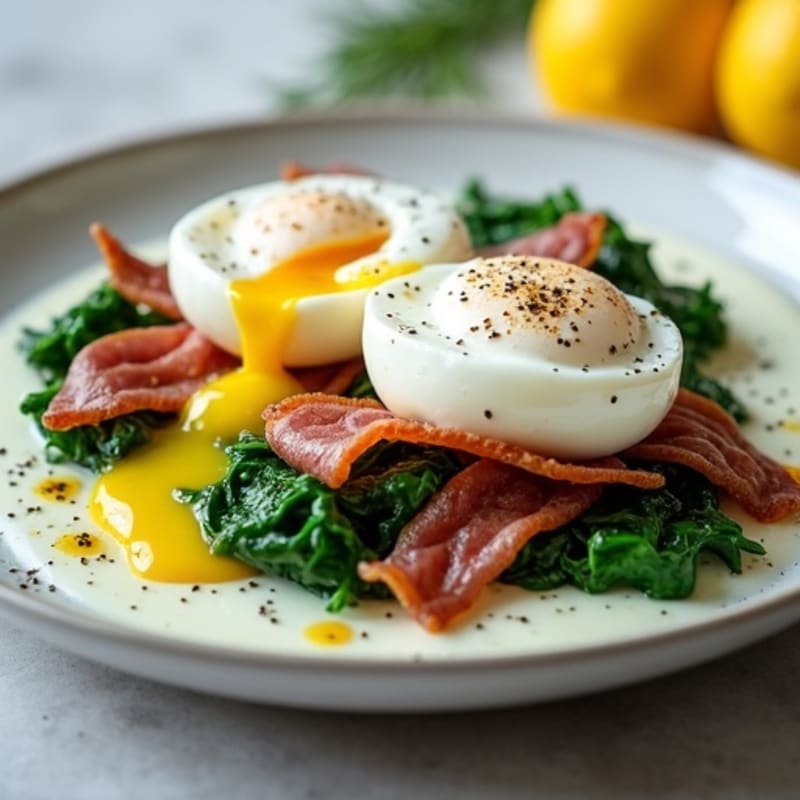 Poached Eggs with Crispy Prosciutto, Sautéed Spinach, and Creamy Lemon-Dill Sauce