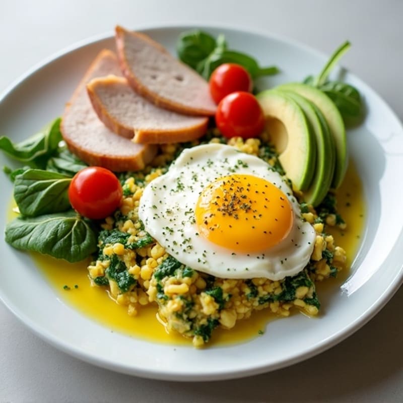Egg White and Spinach Scramble with Cottage Cheese and Sliced Turkey
