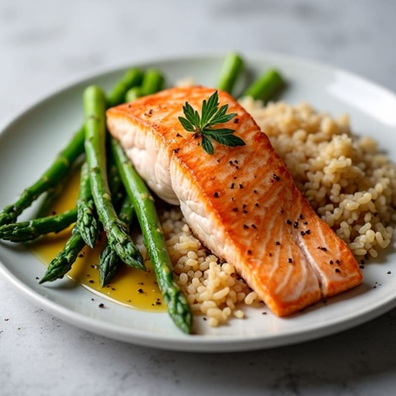 Seared Salmon with Steamed Asparagus and Brown Rice