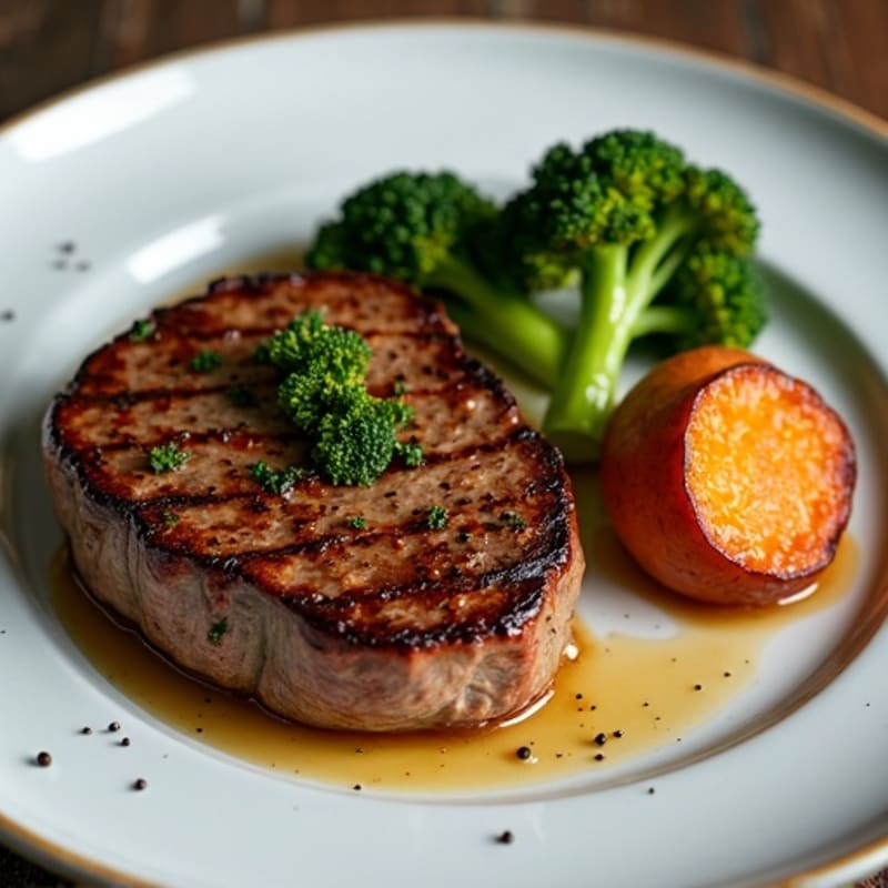 Seared Sirloin Steak with Roasted Broccoli and Sweet Potato