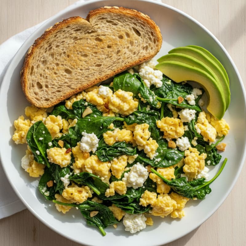 Scrambled Eggs with Cottage Cheese and Sautéed Spinach