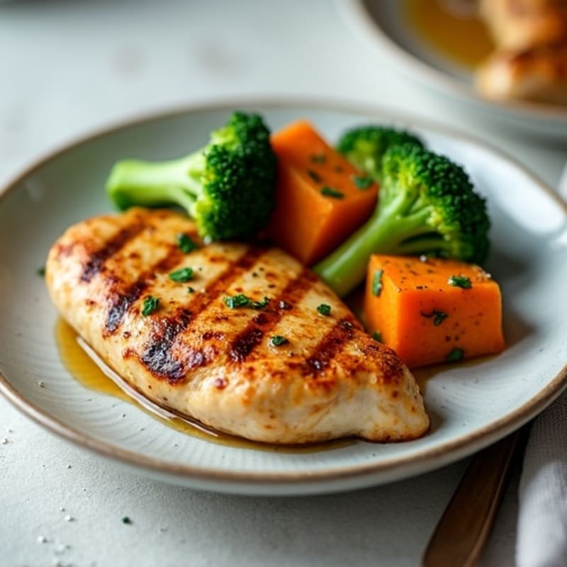 Grilled Chicken Breast with Roasted Sweet Potato and Steamed Broccoli