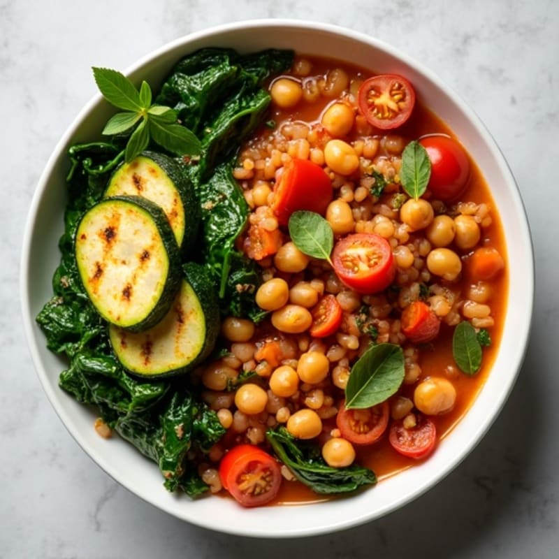 Lentil and Chickpea Stew with Spinach and Grilled Zucchini