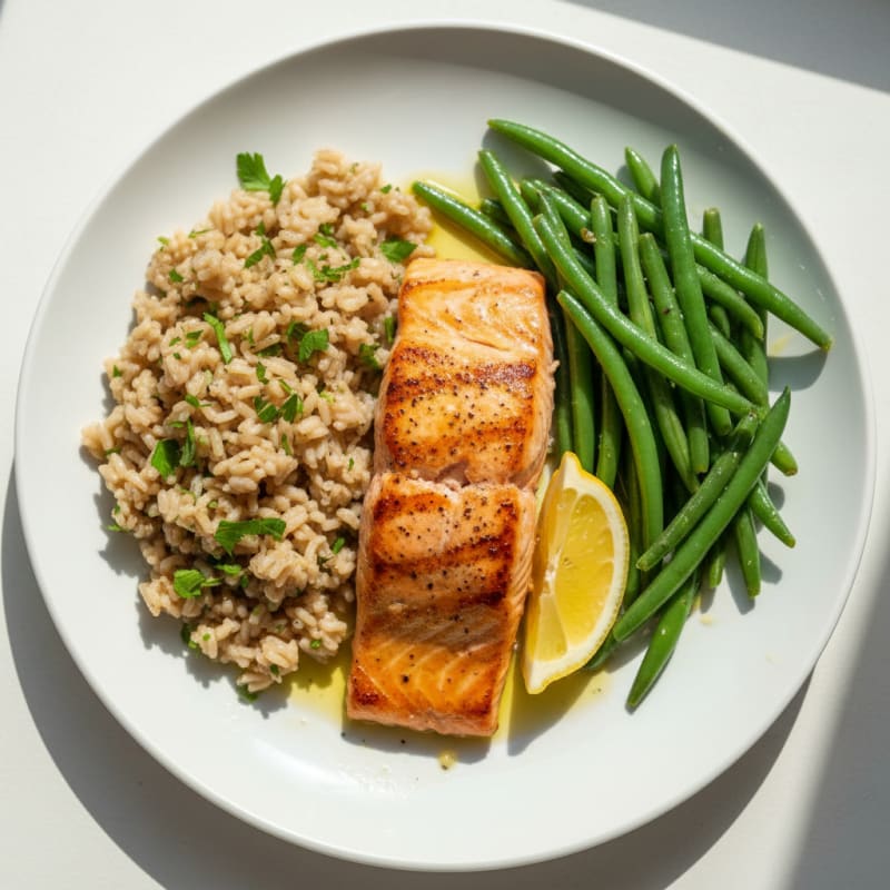 Seared Salmon with Steamed Green Beans and Herbed Brown Rice