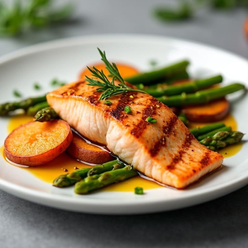 Seared Salmon with Roasted Sweet Potato and Asparagus