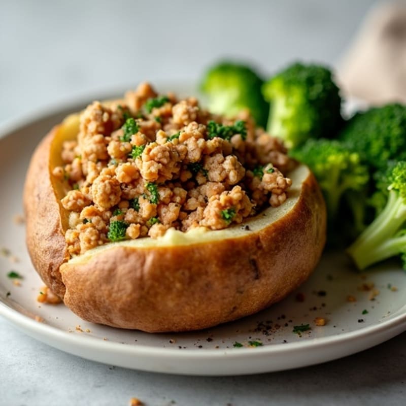 Crispy Baked Potato with Savory Ground Turkey and Steamed Broccoli