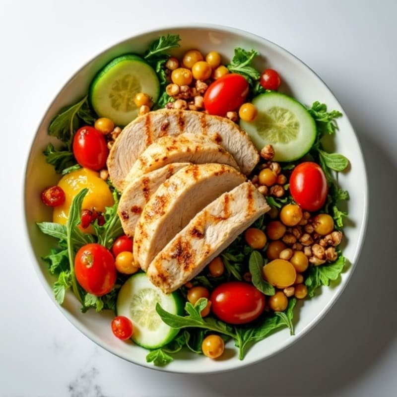 Grilled Chicken and Chickpea Crunch Salad with Toasted Seeds