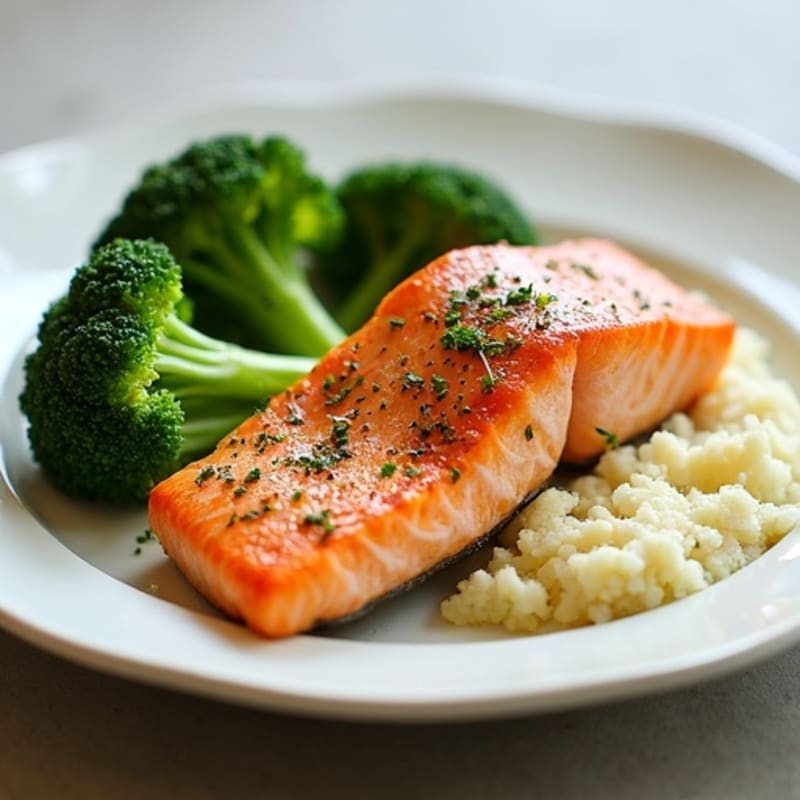 Seared Salmon with Steamed Broccoli and Garlic Cauliflower Mash