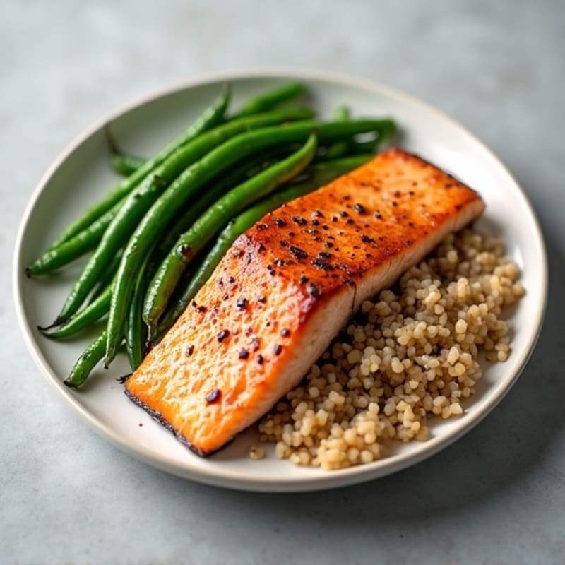 Seared Salmon with Steamed Green Beans and Brown Rice