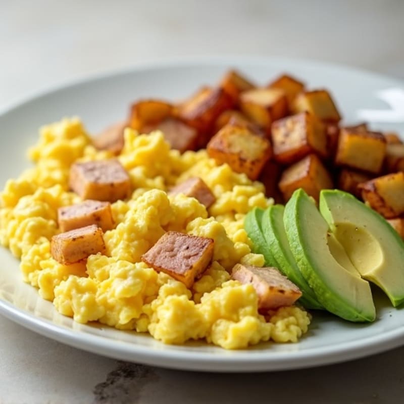 Scrambled Eggs with Turkey Meat, Avocado & Roasted Potatoes